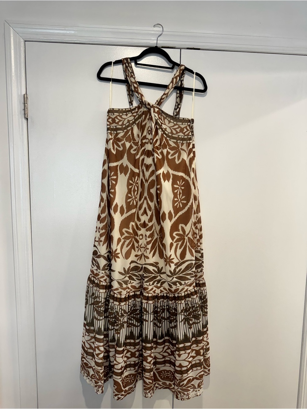 Brown and Cream Printed Maxi Dress with Cross Straps